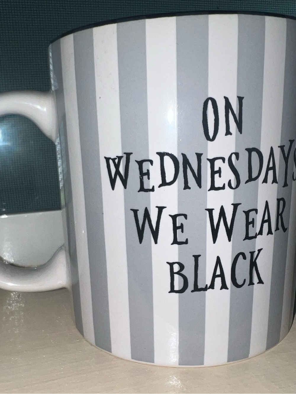 Grey & White Striped Ceramic Mug with Black Lettering